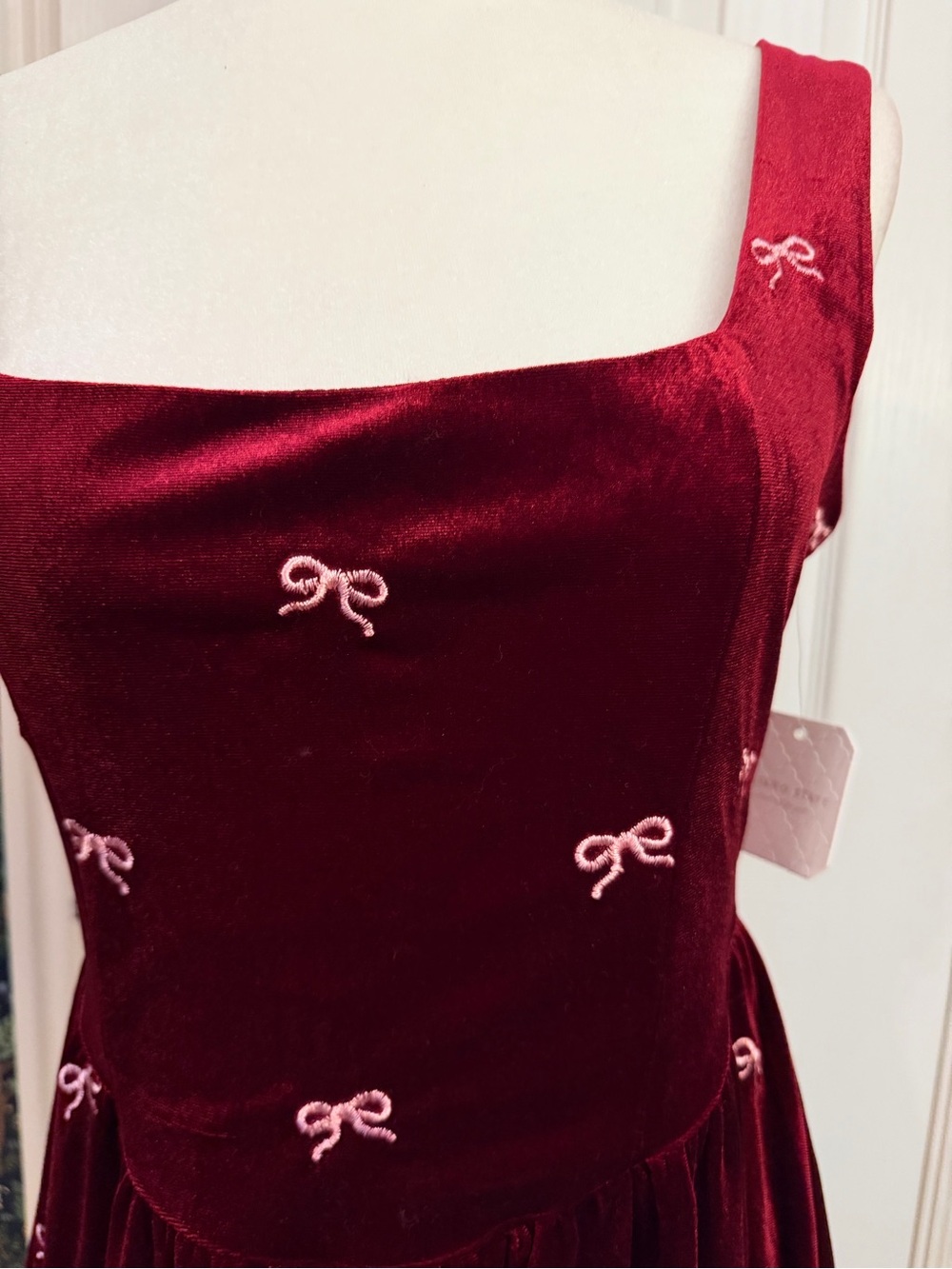 Altar'd State Wine Velvet Mini Dress with Pink Bow Embroidery - Picture 2 of 7